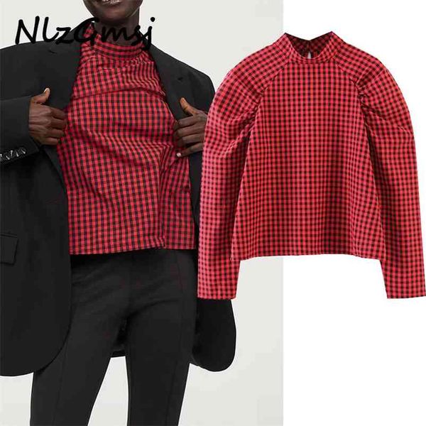

blouse women retro red plaid print crop shirt puff long sleeve chic female slim 210628, White