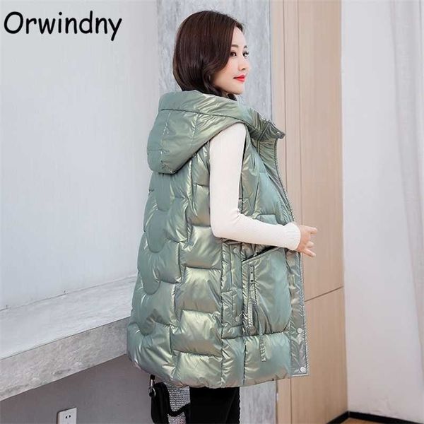 

orwindny snow wear warm long waistcoat women winter waterproof vest jacket hooded big pockets fashion glossy parka sleeveless 211109, Black;white