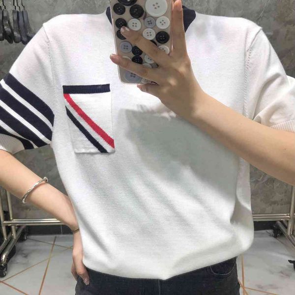 

21 summer new round neck pocket red, white blue men's and women's same pullover four bar sweater short sleeve t-shirt