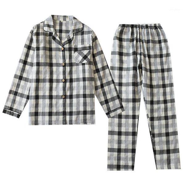 

men and women leisure loose plaid printing pajamas sleepwear comfortable cotton gauze long sleeve pajama home clothes loungewear men's, Black;brown