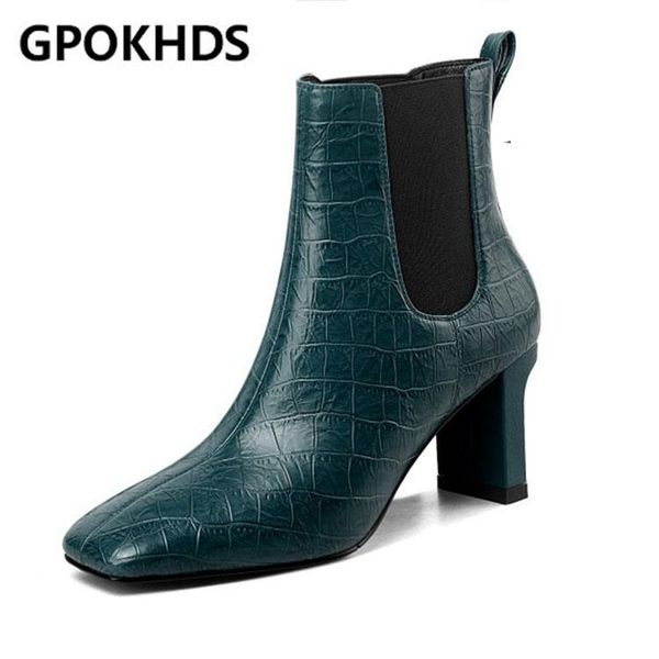 

boots gpokhds 2021 women soft ankle cow leather slip on winter short plush square toe high heels size 34-41, Black