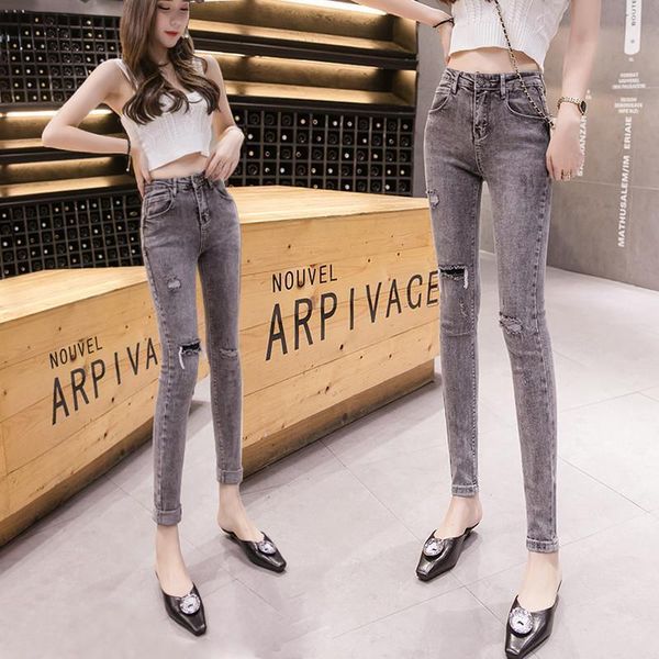 

women's jeans woman pants smoky gray high waist spring pencil skinny pantalones vaqueros mujer, Blue