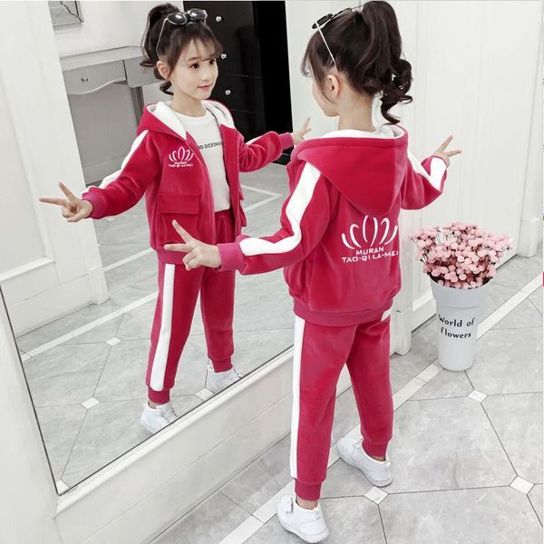 

clothing sets girls children's winter thick velvet warm set 2pcs kids casual tracksuit sportswear suit 4-13 years, White
