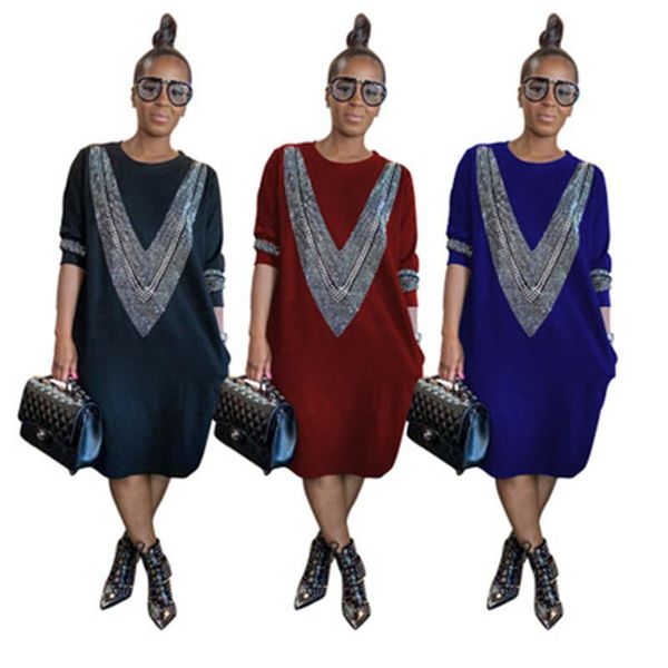 

skirt spring female casual solid color loose womens v pattern dress fashion trend long sleeve round neck short, Black;gray