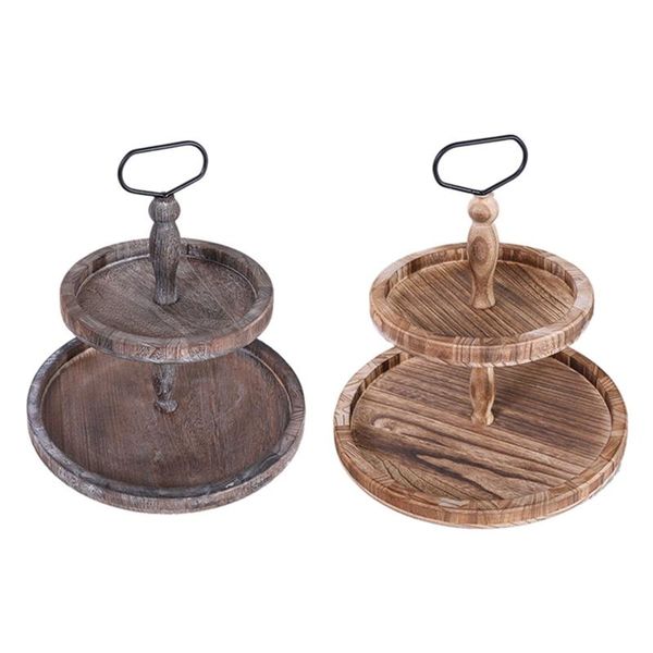 

kitchen storage & organization 2 pcs wood two tiered tray with round metal handle,easy to assemble tier decor for cake presentation, a b