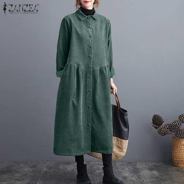 

plus size fashion autumn shirt dress 2021 zanzea women's corduroy sundress long sleeve midi vestidos female casual button robe dresses, Black;gray