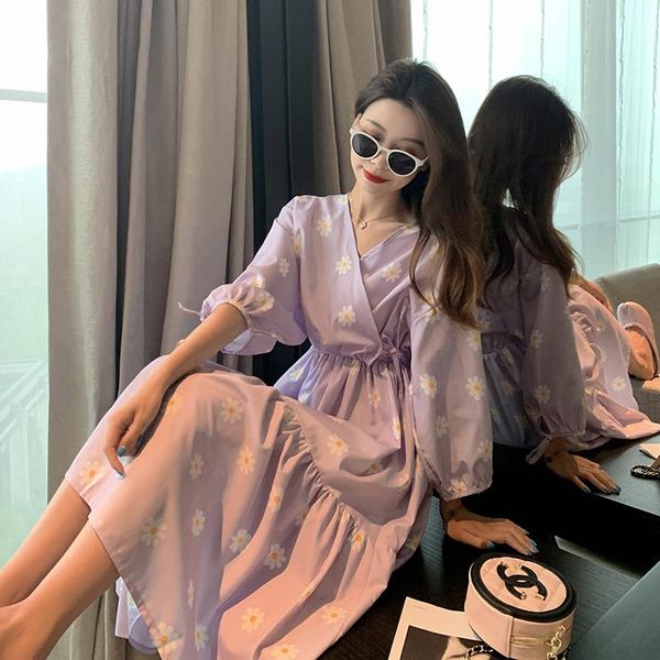 

4635# maternity dress v neck cotton short sleeves floral loose stylish pregnant women mom dresses, White