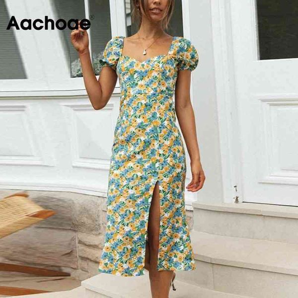 

elegant floral print puff sleeve front split vintage midi boho style summer party dress vestidos mujer 210413, Black;gray