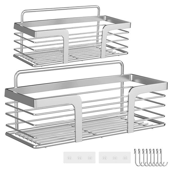 

kitchen storage & organization shower caddy 2 pack, rustproof bathroom with 8 hooks for hanging towel razor bath sponge brush,shower organiz