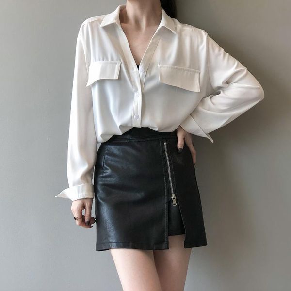 

women's blouses & shirts long sleeve ol style blouse women korean chic retro simple solid temperament loose all match soft blusas, White