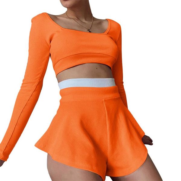 

women's tracksuits women solid color ribbed knitted clothes long sleeve square collar crop and shorts two-piece set black/ pink/ orang, Gray