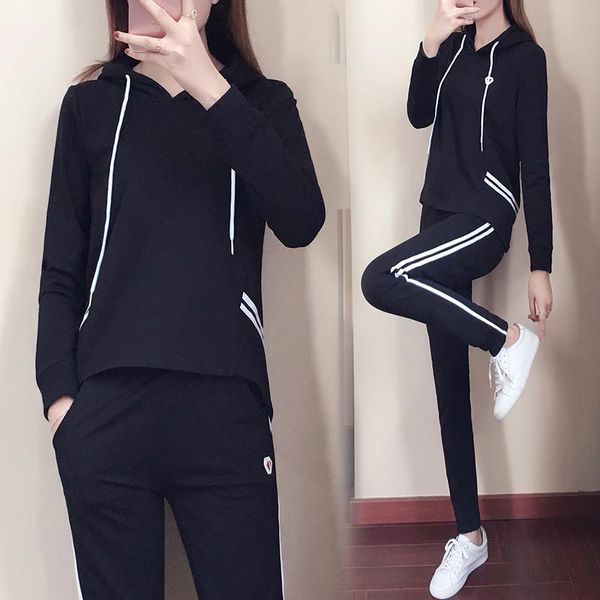 

women's two piece pants 2021 spring and autumn loose hooded stitching long-sleeved trousers student leisure sports suit plus size, White