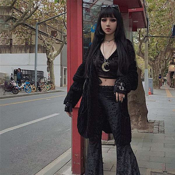 

fashion patchwork lace womens pants solid flare gothic dark high waist loose trousers street suede, Black;white