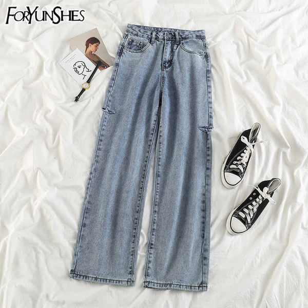 Womens Rasgado Jeans Primavera Primavera Burr Burr Burr Cintura Reta Calças Moda Moda Mamãe Jean Calças Harajuku Streetwear 210709