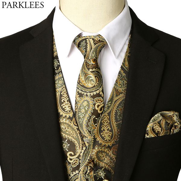 Men's Gold Waistcoat Colete Gravata Bolso Hankerchief Marca Slim Fit Smoking Colete Masculino para Party Wedding Chaleco Hombre 210522