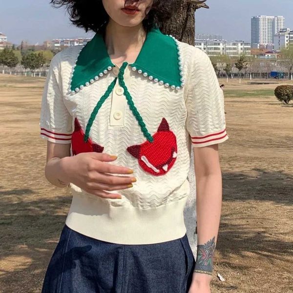

qiaoxin college style cherry embroidered pearl collar t-shirt women's 2021 new slim short sleeve top, White