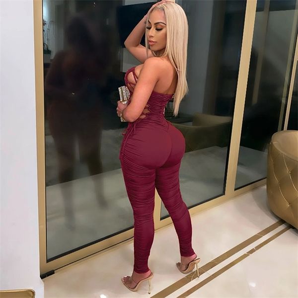 

kricesseen strapless side lace up long pant jumpsuit women overalls bandage skinny bodycon workout stacked rompers, Black;white