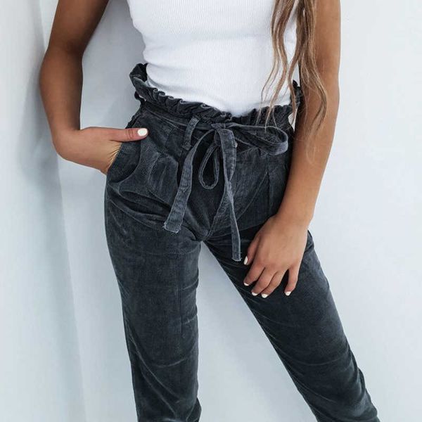 

streetwear corduroy cargo pant casual joggers black frill high waist loose female trousers belt tie ladies pants 210709, Black;white