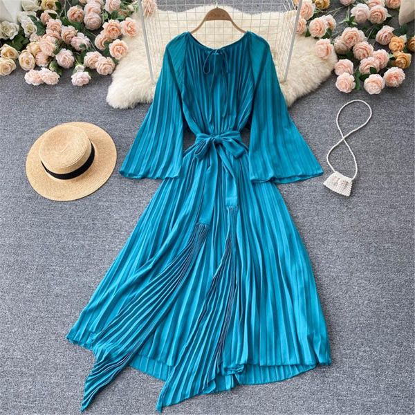 

casual dresses autumn fashion women pleated dress o neck long sleeve maxi solid simple robe elegant vestidos female clothes 2021, Black;gray