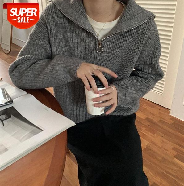 

[huang zheng] lazy half zipper turtleneck pullover women korean style lapel sweater m8387 #wq7a, Black;gray