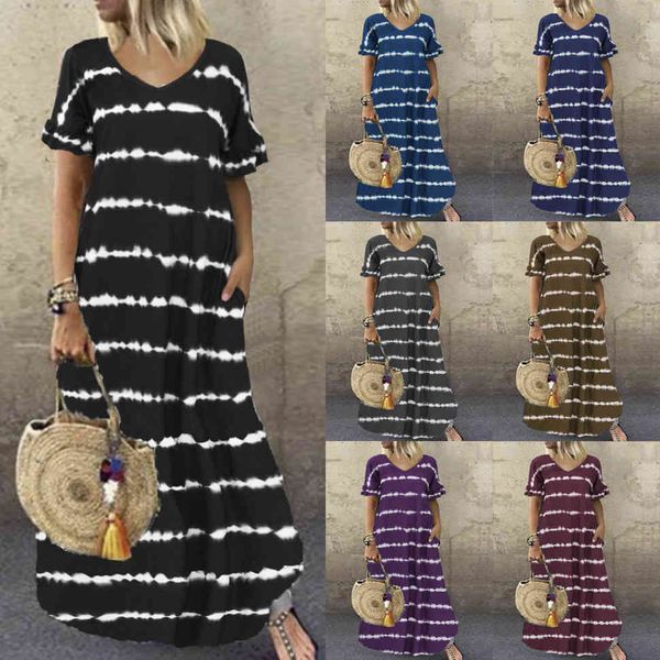 

women's dresses summer v-ne lotus sleeve stripe print long large casual, Black;gray
