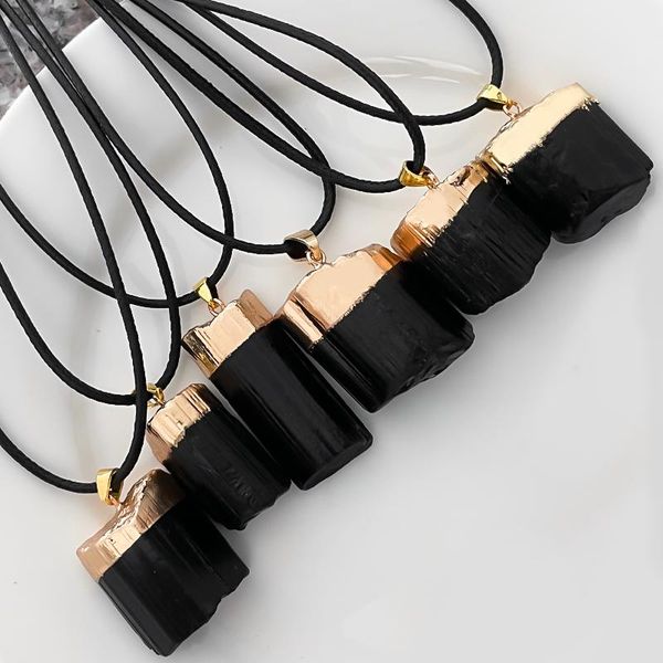 

Pendant Necklaces Fashion Men's And Women's Phnom Penh Black Natural Stone With Leather Chain Necklace Trendy Jewelry, Silver