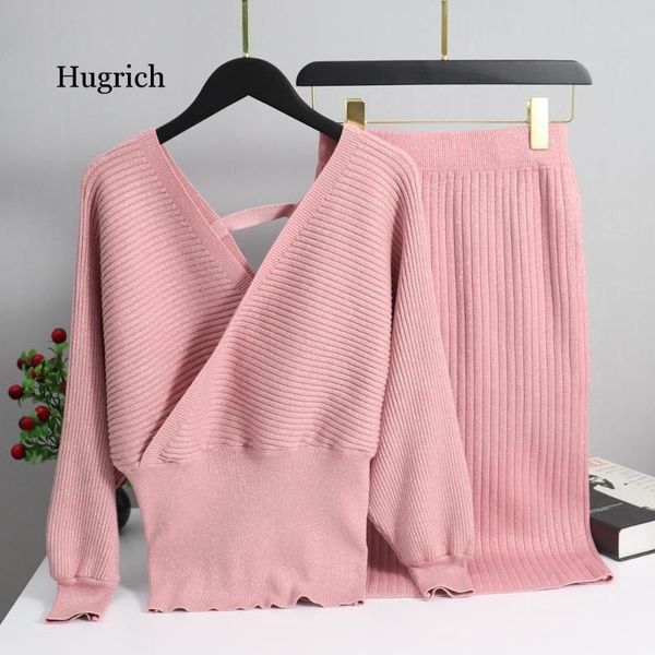 

women's tracksuits 2 pieces set knitted pullover sweater lurex shinning knit jumper and skirt suits fashion v neck sexy, Gray
