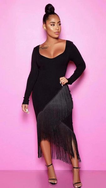 

casual dresses est winter fashion long sleeve tassel black red midi women bandage dress 2021 designer evening party vestido, Black;gray