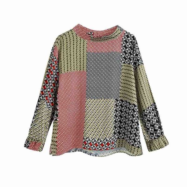 

women's knits & tees women fashion patchwork print o-neck loose blouse female elegant long sleeve back button shirt ladies autumn, White