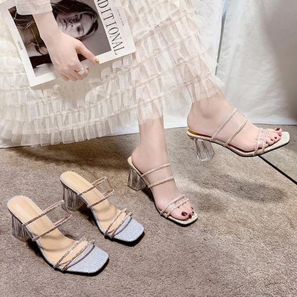 

slippers 2021 fairy feng shui diamond thick with a word transparent crystal sandals, Black