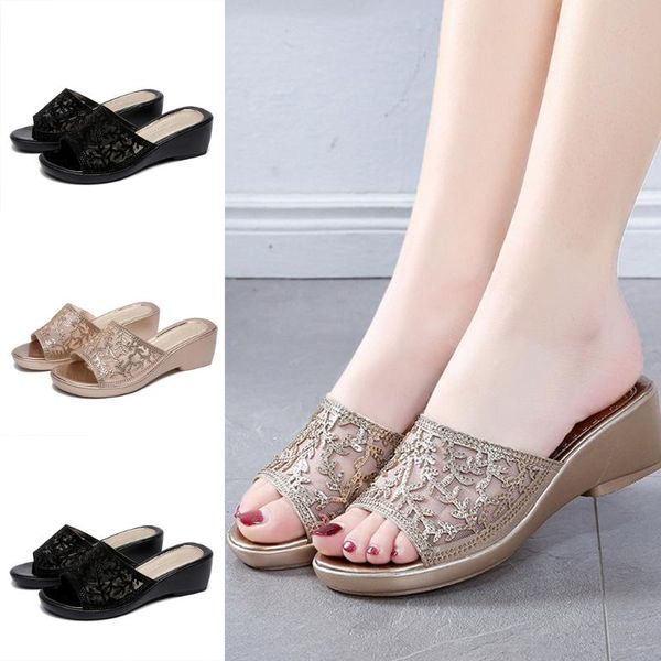 

slippers summer women's comfortable breathable wedge with thick bottom versatile mesh rhinestone 2021, Black
