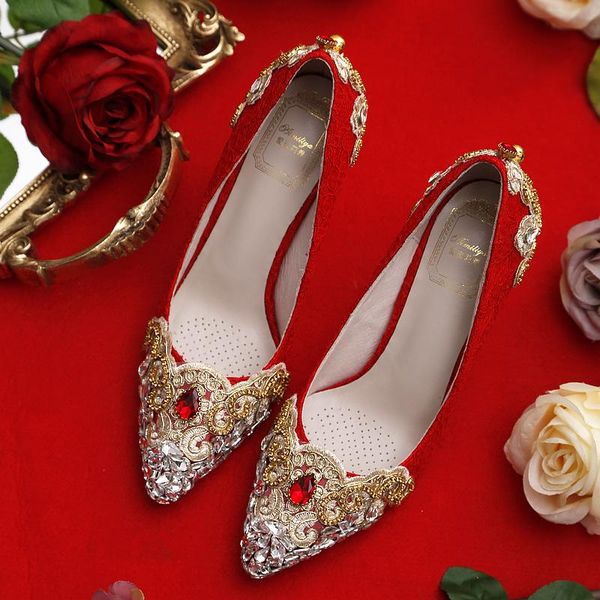 

women red lace wedding shoes with gold metal and crystals pointed toe high heels dress pumps for bride bridesmaid rhinestones, Black
