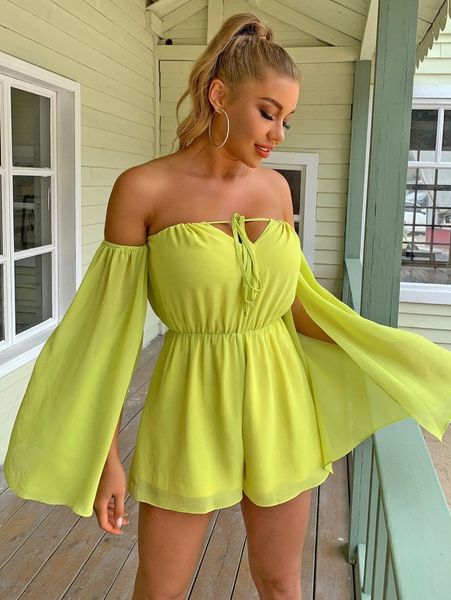 

joyfunear split bell sleeve bardot romper v7hv#, White