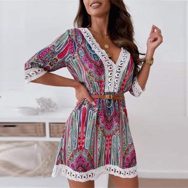 

casual dresses ladies seaside beach dress summer printed bohemian style v-neck a-line lace sleeve high waist, Black;gray