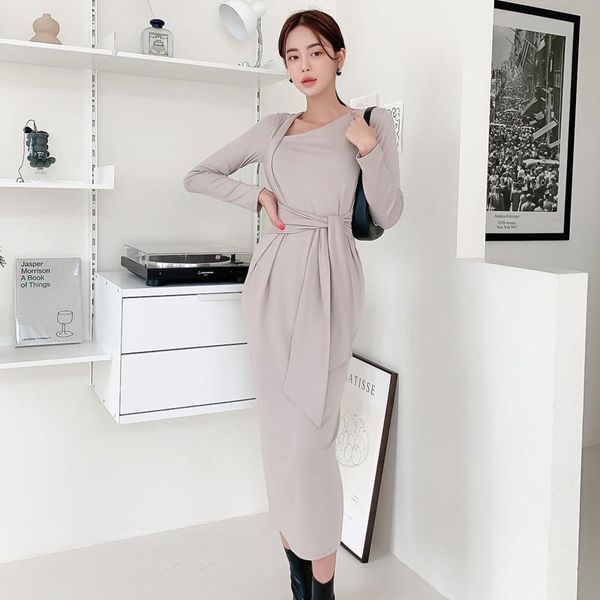 

casual dresses long sleeve knitted dress higt irregular over-the-knee bodycon winter ladies elegant solid slim streetwear midi vestidos, Black;gray