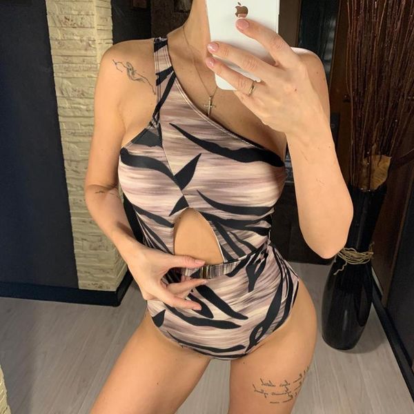 

women's swimwear 2021 geo grey printed one shoulder cut out women piece swimsuit female bather bathing suit swim lady, White;black