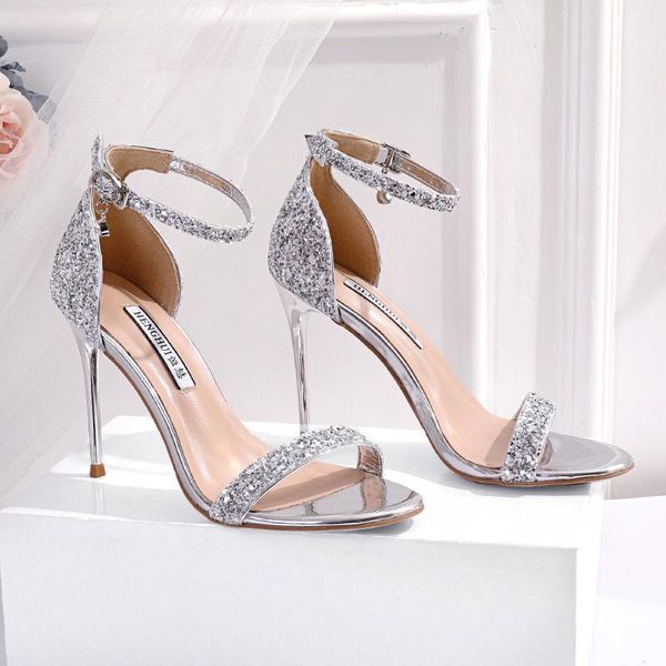 

sandals wed decent one-character buckle women's thin heel all-match open toe banquet silver sequined high heels summer1 rkst, Black