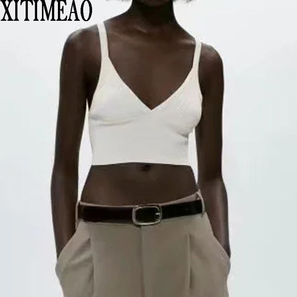 

women 2021 sweet fashion cropped solid color knitted blouses vintage backless thin straps female shirts chic women's tanks & camis, White