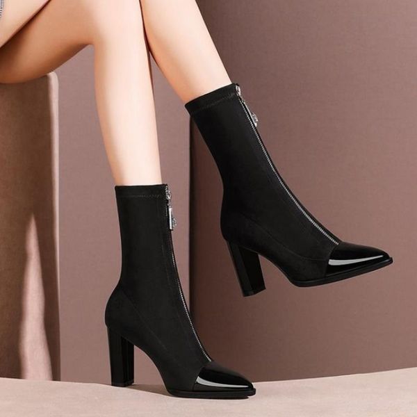 

boots shoes for women heel short autumn winter fashion high elastic zapatillas mujer chaussure femme, Black