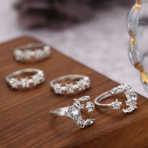 

earrings & necklace 5pcs/set moon star crystal rings for women retro trendy wedding ring set bohemia creative personliaty jewelry, Silver