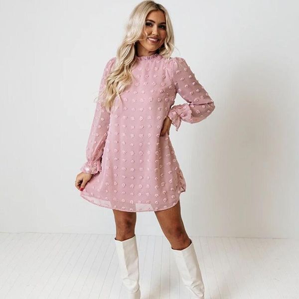 

casual dresses autumn pink chiffon mini dress women's 2021 loose ruffled neck long sleeve a-line for ladies fashion, Black;gray