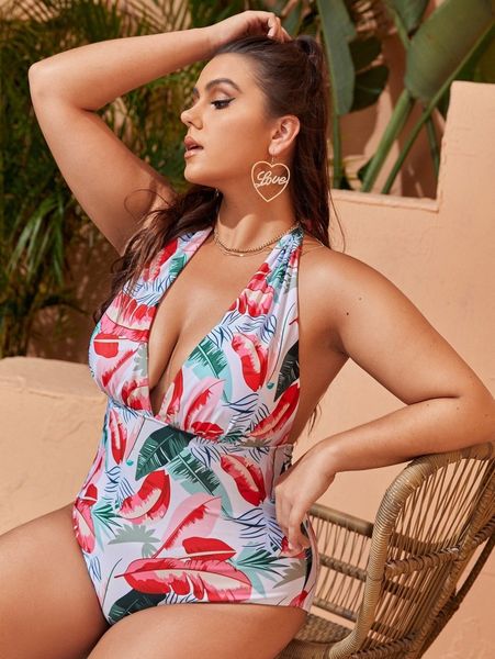 

plus plant print halter one piece swimsuit o9se#, Black