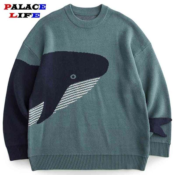 

fashion knitted sweater men women whale cartoon print winter jumper long sve pullover oversize streetwear cashmere, Black