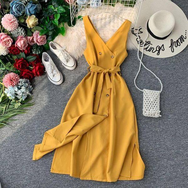 

women dresses v neck button slim summer dress autumn midi long tank sundress bandage party vestido de festa tunic elegant, Black;gray