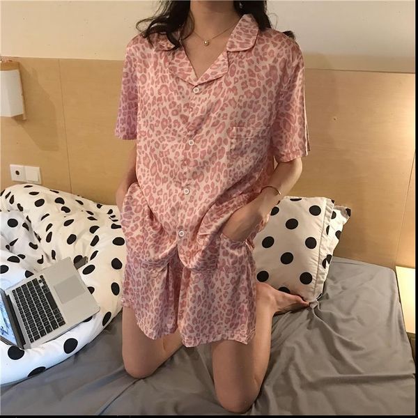 

satin pajamas leopard print home womens sleepwears clothes pijama mujer silk pyjama loose sleepwear summer nightie, Black;red
