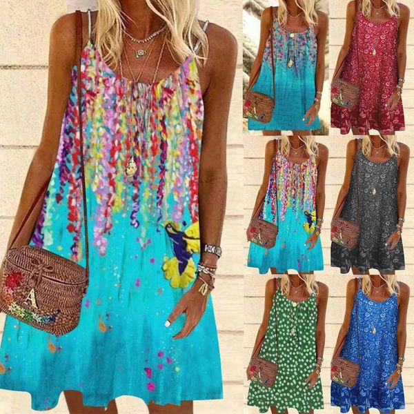 

casual dresses summer women dress fashion loose print o-neck sleeveless midi ladies a-line mini sling for beach#35, Black;gray