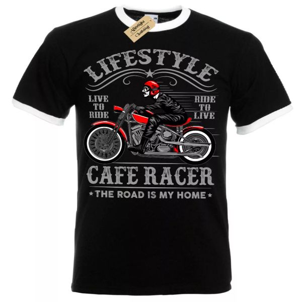 

lifestyle motero camiseta cafÃ© racer moto hombre ringer, White;black