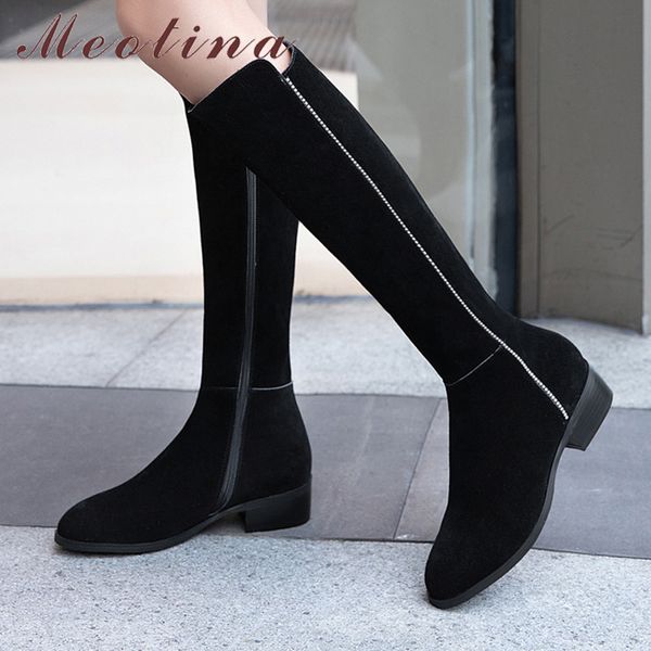 

meotina winter knee high boots women cow suede zipper thick heels long boots crystal round toe shoes lady autumn big size 33-43 210520, Black