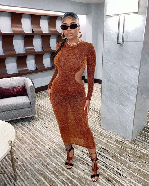 

casual dresses 2021 autumn fashion open waist hollow colorful silver dress solid color perspective round neck one-step skirt, Black;gray