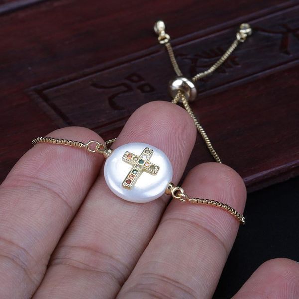 

charm bracelets rainbow mix cz micro paved tiny religious cross round pearl connector gold dainty link bracelet for woman jewelry, Golden;silver